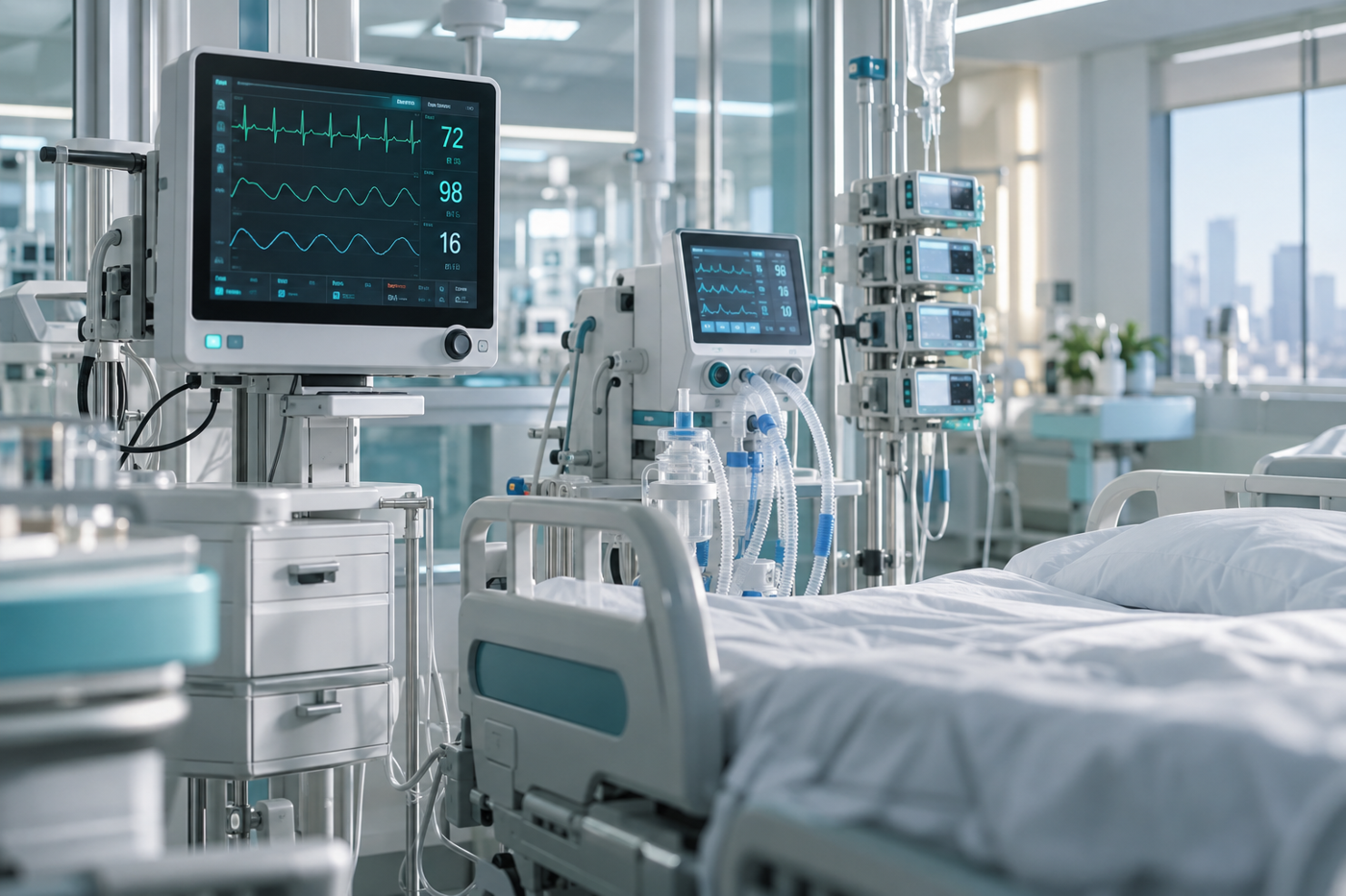 Modern intensive care unit with Nexora Meditech patient monitoring equipment